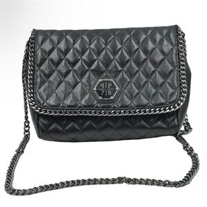 Authentic Philipp Plein Quilted Leather Chain Shoulder Bag Black Medium